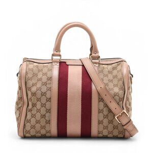 Gucci GG Logo Canvas Leather Two-Way Shoulder Bag Beige x Pink